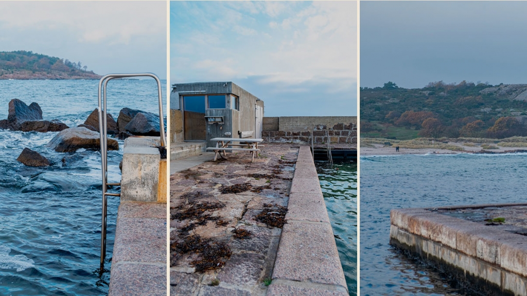 Tre billeder af Sandvig Havn med badestiger og udsigt til Hammeren
